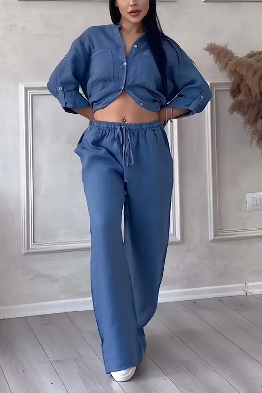 Heidi-Mode | Damen Herbst Leinen Top und Hosen Set