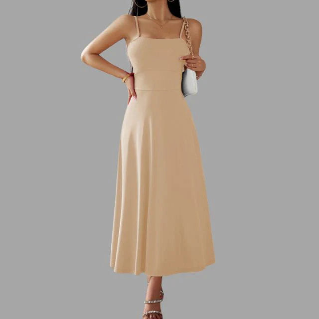 beiges midi-schwingkleid