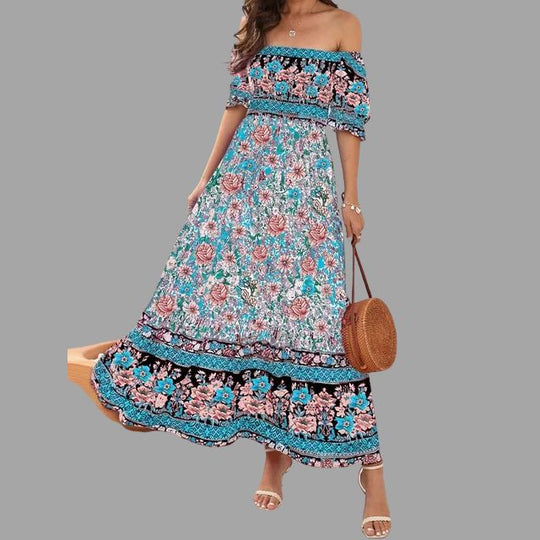 maxi jurk met bloemenpatroon en off-the-shoulder snit