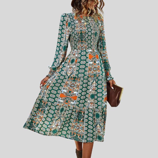 Midikleid mit böhmischem Paisley-Print, Rüschen am Saum und langen Ärmeln