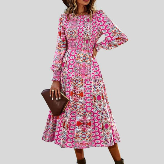 Midikleid mit böhmischem Paisley-Print, Rüschen am Saum und langen Ärmeln