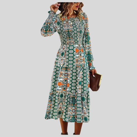 Midikleid mit böhmischem Paisley-Print, Rüschen am Saum und langen Ärmeln