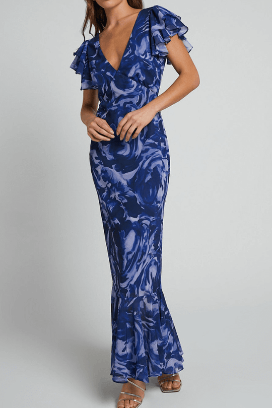 Heidi-Mode | Swirl V-Ausschnitt Rüschensleeve Maxikleid