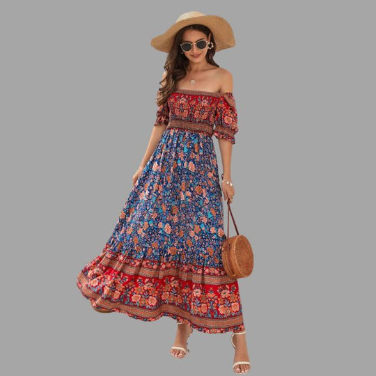 maxi jurk met bloemenpatroon en off-the-shoulder snit