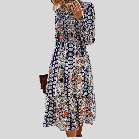 Midikleid mit böhmischem Paisley-Print, Rüschen am Saum und langen Ärmeln