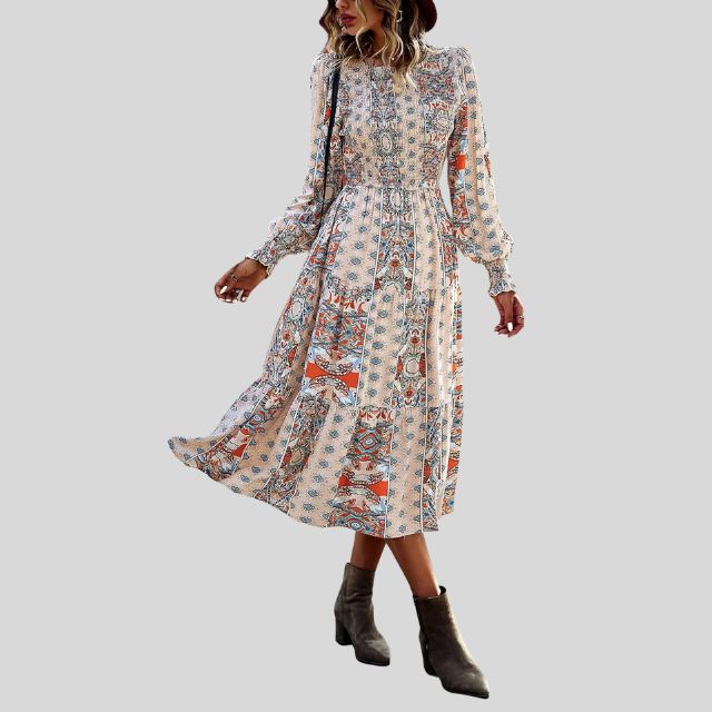 Midikleid mit böhmischem Paisley-Print, Rüschen am Saum und langen Ärmeln