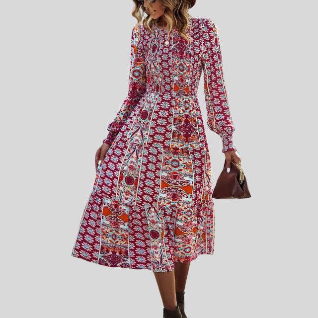 Midikleid mit böhmischem Paisley-Print, Rüschen am Saum und langen Ärmeln