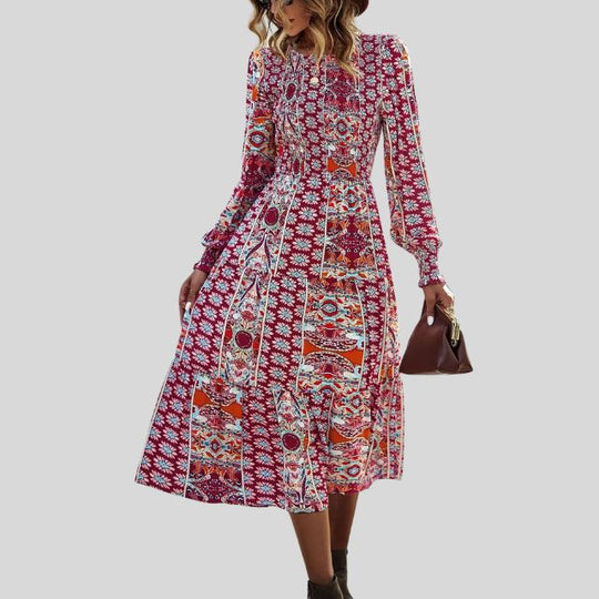 Midikleid mit böhmischem Paisley-Print, Rüschen am Saum und langen Ärmeln