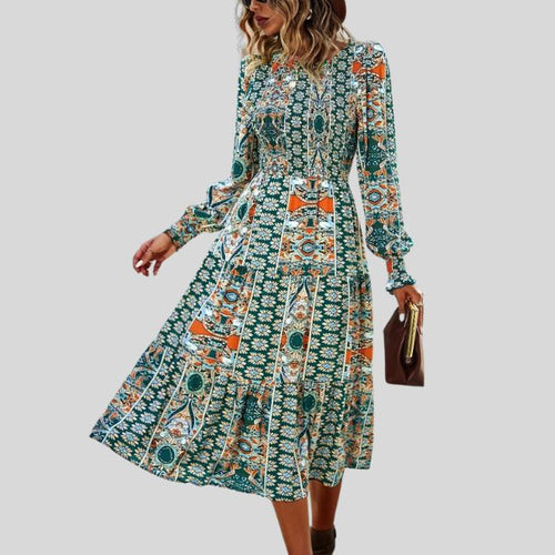 Midikleid mit böhmischem Paisley-Print, Rüschen am Saum und langen Ärmeln