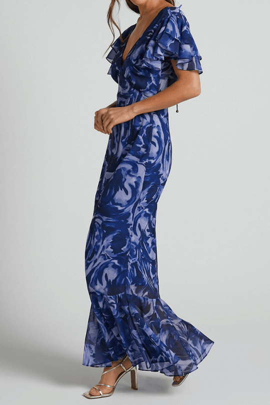 Heidi-Mode | Swirl V-Ausschnitt Rüschensleeve Maxikleid