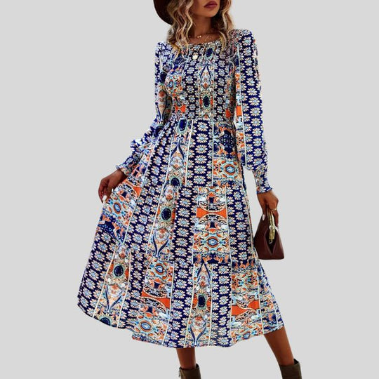 Midikleid mit böhmischem Paisley-Print, Rüschen am Saum und langen Ärmeln