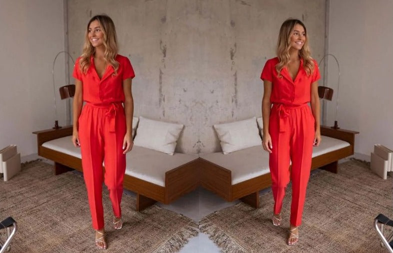 Heidi-Mode | Eleganter Casual Jumpsuit Mit V-Ausschnitt Und Gürtel