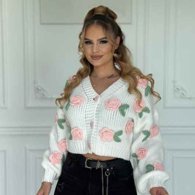 Pullover mit Blumenapplikationen und Ballonärmeln