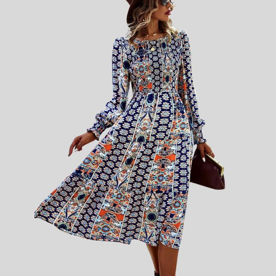 Midikleid mit böhmischem Paisley-Print, Rüschen am Saum und langen Ärmeln