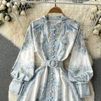 A-Linienkleid mit Gürtel und Blumenmuster