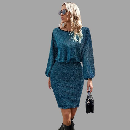 Blaues Glänzendes Midi-Kleid mit Taillenbetonung