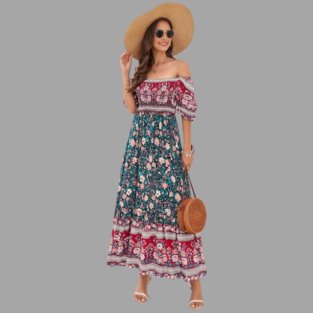 maxi jurk met bloemenpatroon en off-the-shoulder snit