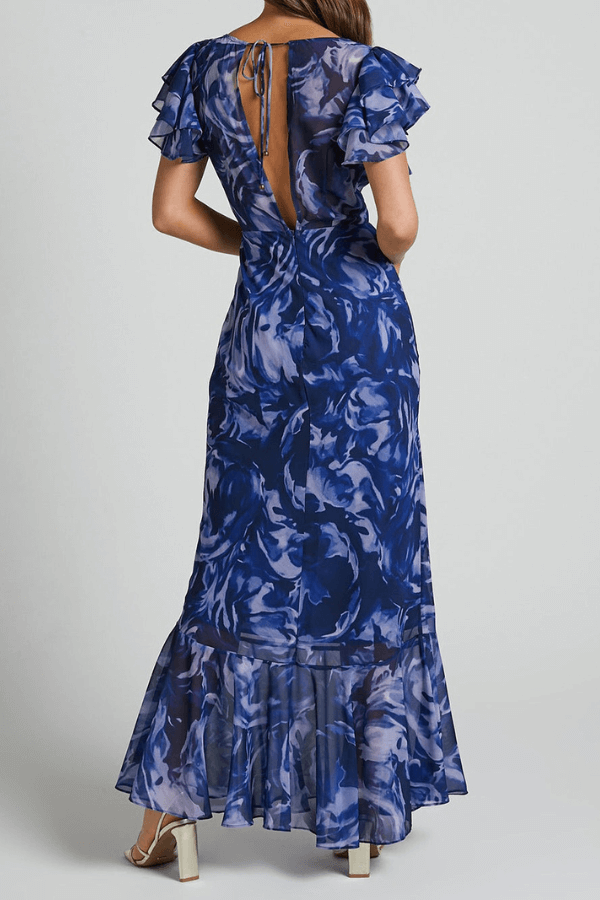 Heidi-Mode | Swirl V-Ausschnitt Rüschensleeve Maxikleid