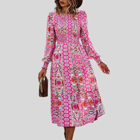 Midikleid mit böhmischem Paisley-Print, Rüschen am Saum und langen Ärmeln