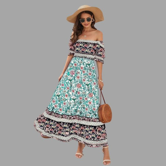 maxi jurk met bloemenpatroon en off-the-shoulder snit