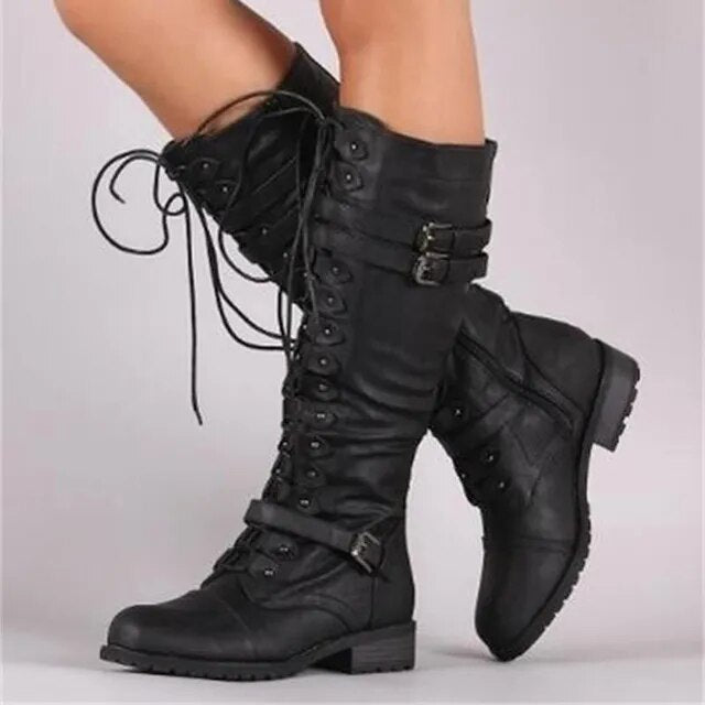 Heidi-Mode | Damen Schnürstiefel Flach Weinlese mit Schnallen Im Steampunk Stil