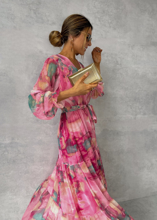 Zartrosa Langarm-Maxikleid