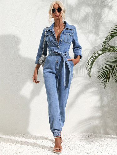 Lässiger Denim-Jumpsuit mit Gürtel und langen Ärmeln für Damen