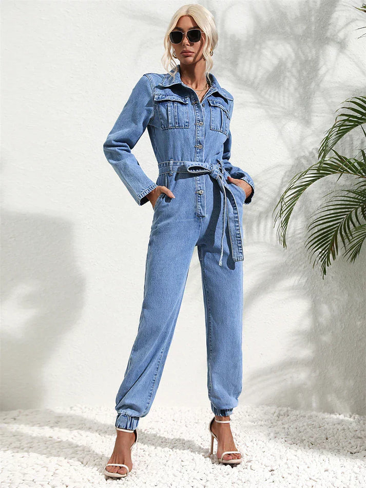 Lässiger Denim-Jumpsuit mit Gürtel und langen Ärmeln für Damen