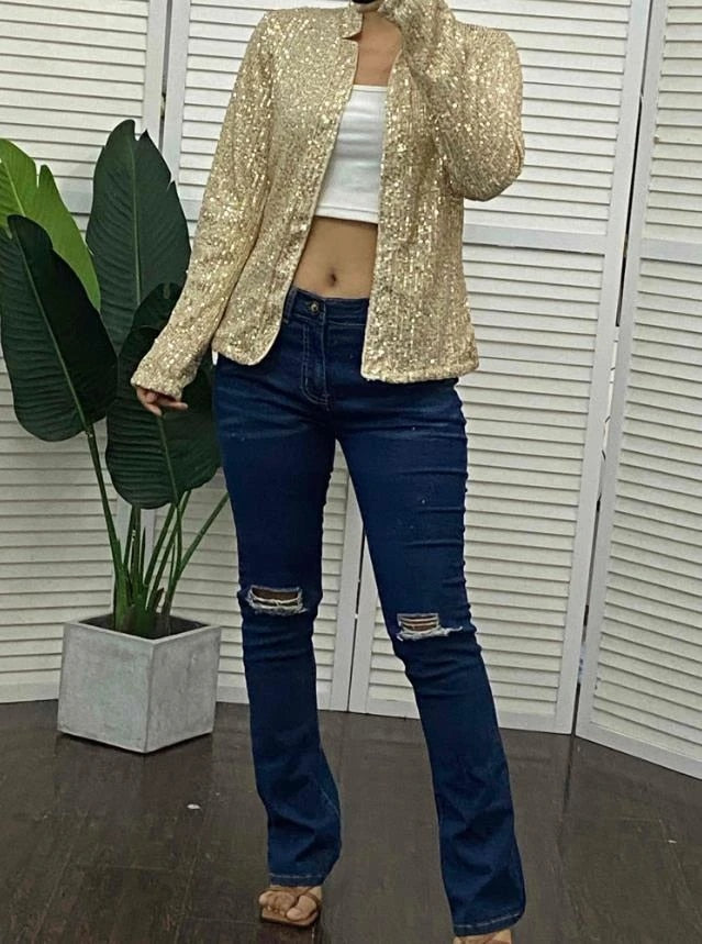 Heidi-Mode | Langärmeliger Paillettenblazer-Mantel