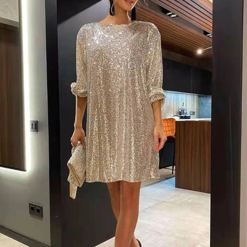 Heidi-Mode | Lockeres Minikleid mit Rundhalsausschnitt Langen Ärmeln und Gürtel