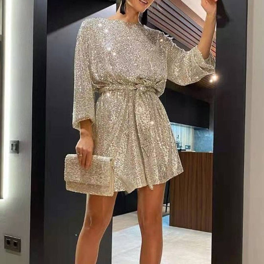 Heidi-Mode | Lockeres Minikleid mit Rundhalsausschnitt Langen Ärmeln und Gürtel