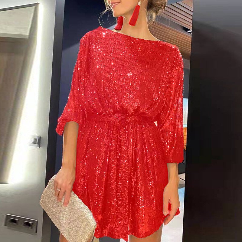 Heidi-Mode | Lockeres Minikleid mit Rundhalsausschnitt Langen Ärmeln und Gürtel