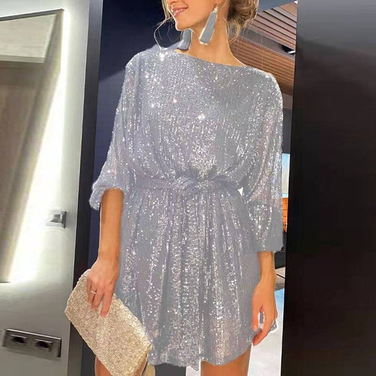 Heidi-Mode | Lockeres Minikleid mit Rundhalsausschnitt Langen Ärmeln und Gürtel