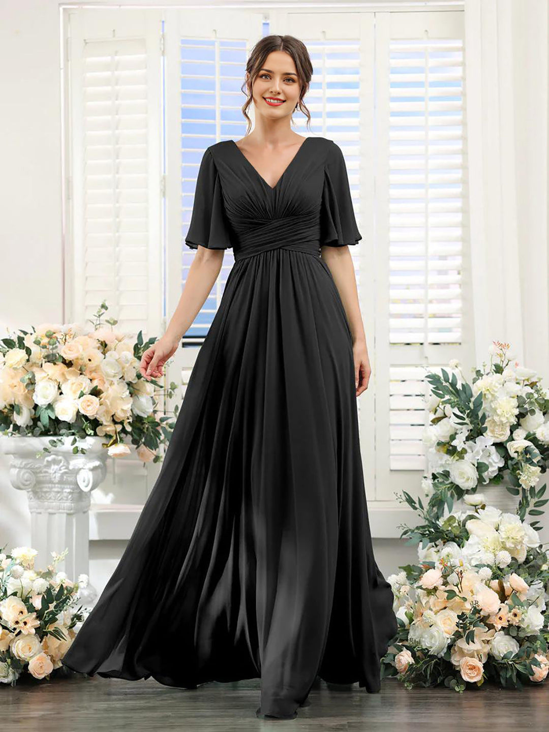 Heidi-Mode | Kleid Fließendes V-Ausschnitt Chiffonkleid für Damen
