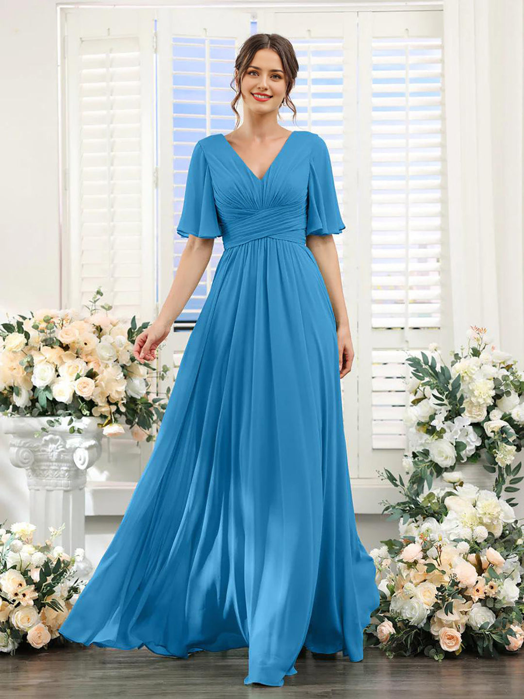 Heidi-Mode | Kleid Fließendes V-Ausschnitt Chiffonkleid für Damen