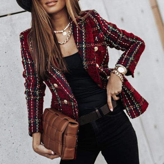 Heidi-Mode | Zweireihiger Karierter Blazer mit Langen Ärmeln