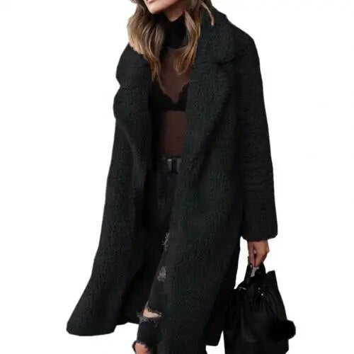Heidi-Mode | Plüsch Warm Strickjacke Revers Langarm Midimantel