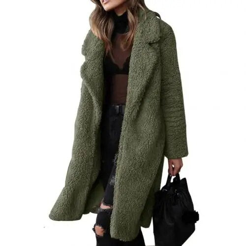 Heidi-Mode | Plüsch Warm Strickjacke Revers Langarm Midimantel