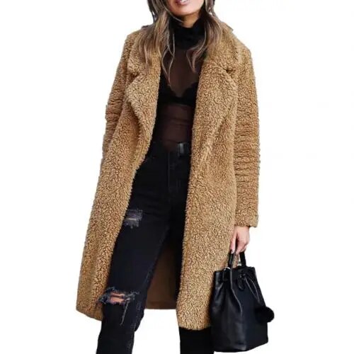 Heidi-Mode | Plüsch Warm Strickjacke Revers Langarm Midimantel