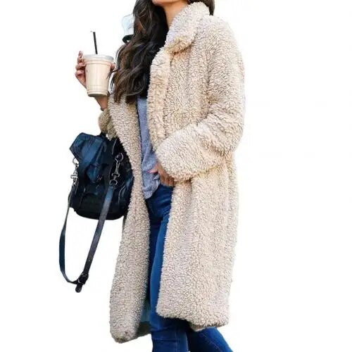 Heidi-Mode | Plüsch Warm Strickjacke Revers Langarm Midimantel