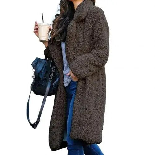 Heidi-Mode | Plüsch Warm Strickjacke Revers Langarm Midimantel