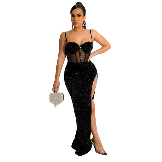 Heidi-Mode | Mesh Korsett Pailletten Hohe Spalte Lange Maxi Kleider