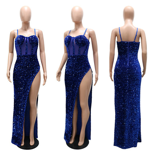 Heidi-Mode | Mesh Korsett Pailletten Hohe Spalte Lange Maxi Kleider