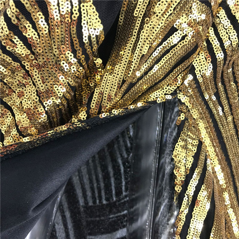 Heidi-Mode | Gold Pailletten V-Ausschnitt Langarm Bodycon Midi Kleid