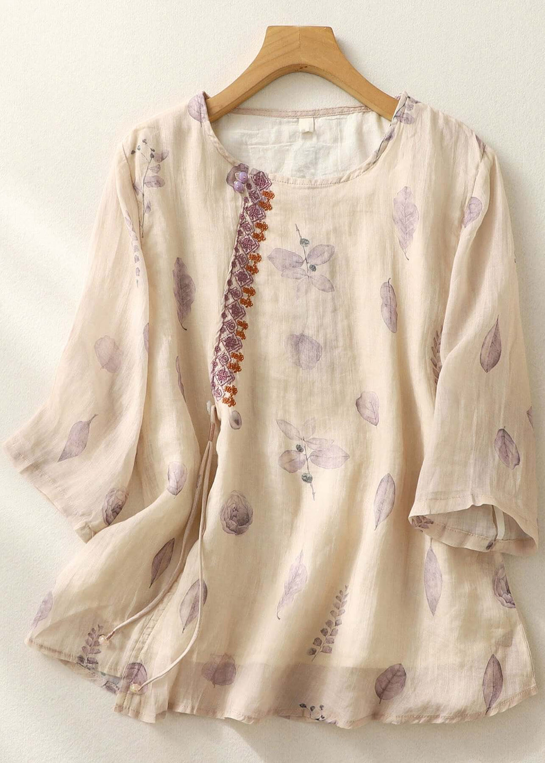 Heidi-Mode | Helllila Druck Quasten Patchwork Baumwollshirt Armband Ärmel