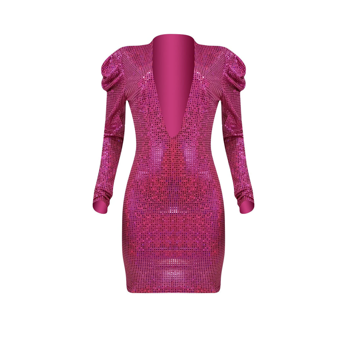 Heidi-Mode | Glitzer Deep V-Langarm Mini Kleider