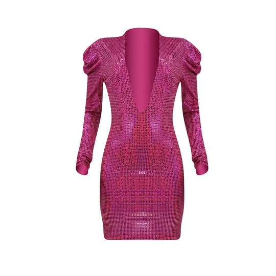 Heidi-Mode | Glitzer Deep V-Langarm Mini Kleider