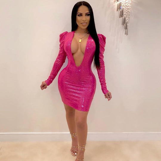 Heidi-Mode | Glitzer Deep V-Langarm Mini Kleider
