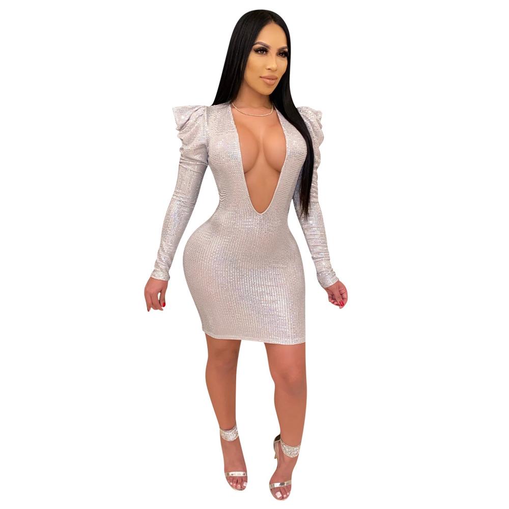 Heidi-Mode | Glitzer Deep V-Langarm Mini Kleider