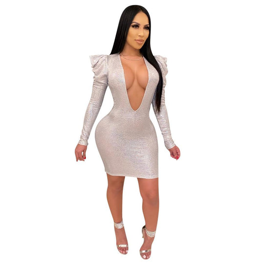 Heidi-Mode | Glitzer Deep V-Langarm Mini Kleider